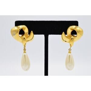 Givenchy Vintage Clip On Pearl Drop Earrings Dangle Gold White Signed 1980s BinW